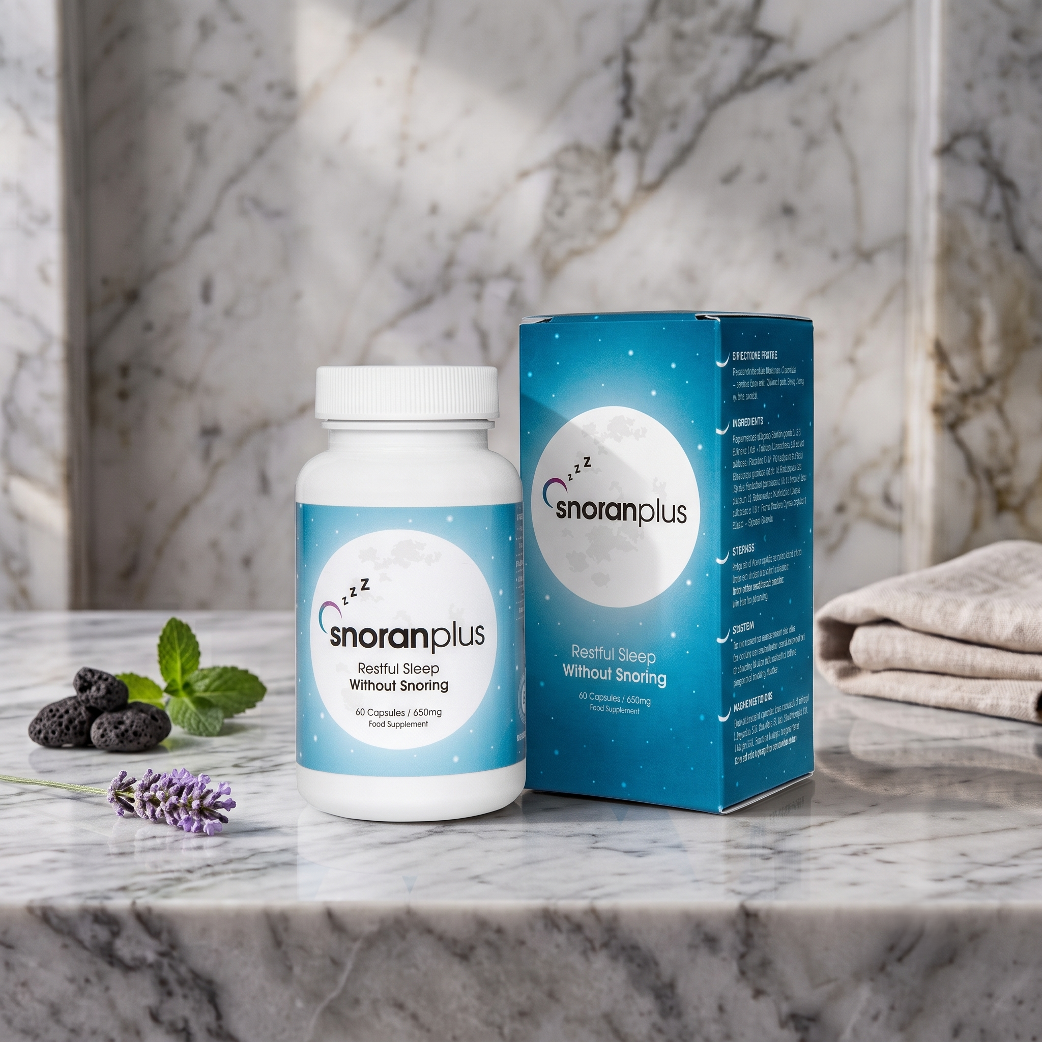A white pill bottle with a blue label, next to a box of SnoranPlus capsules on a marble surface. There are some blackberries, mint leaves, and purple flowers in the foreground, with a marble wall in the background.