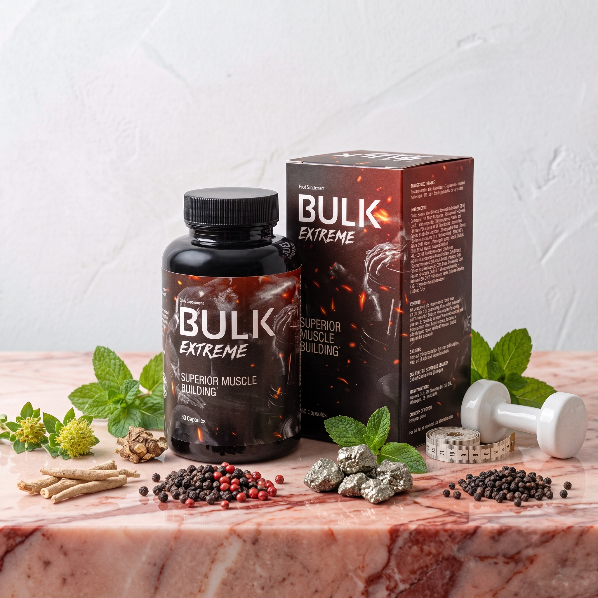 Bottle of dietary supplement labeled 'Bulk Extreme' surrounded by herbs, spices, rocks, and a measuring tape on a pink marble surface.