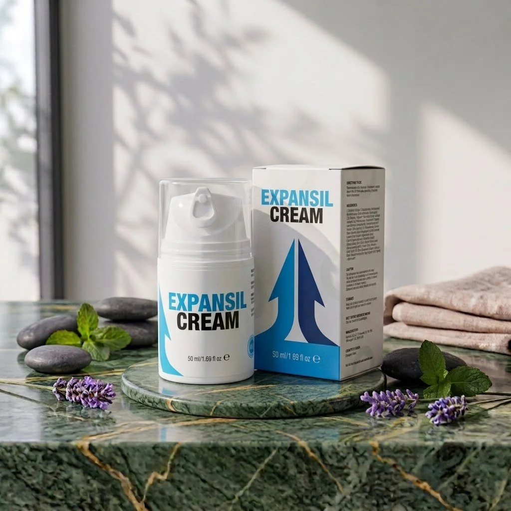 A bottle and box of Expansil Cream placed on a green marble surface with decorative stones, herbs, purple flowers, and folded towels near a window with sunlight.