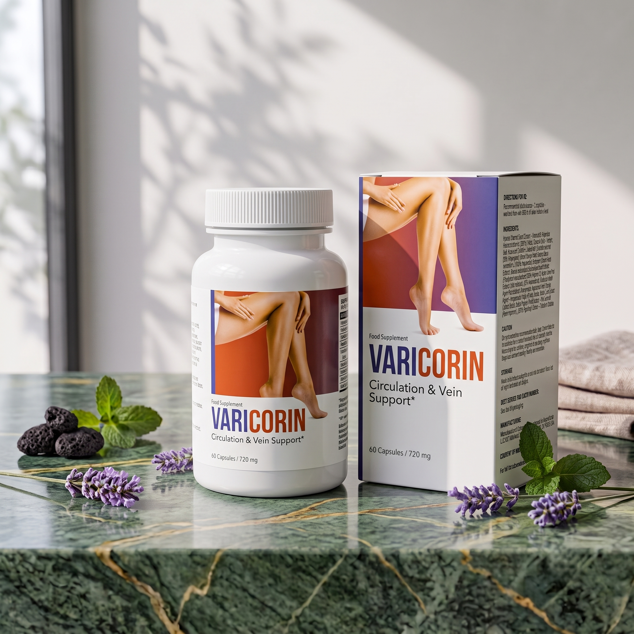 A bottle and a box of VARICORIN, a dietary supplement for circulation and vein support, placed on a marble surface with scattered lavender flowers and a sprig of green mint leaves, in natural light with shadow patterns on the wall.