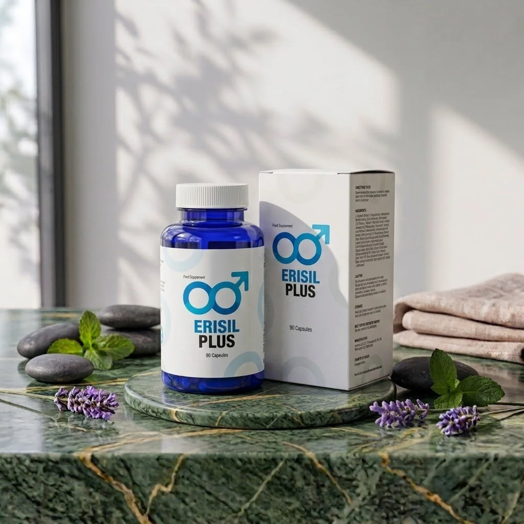 A bottle of ERISIL Plus dietary supplement capsules next to its box on a green marble surface, with decorative stones, lavender flowers, and mint leaves, near a window with natural light.