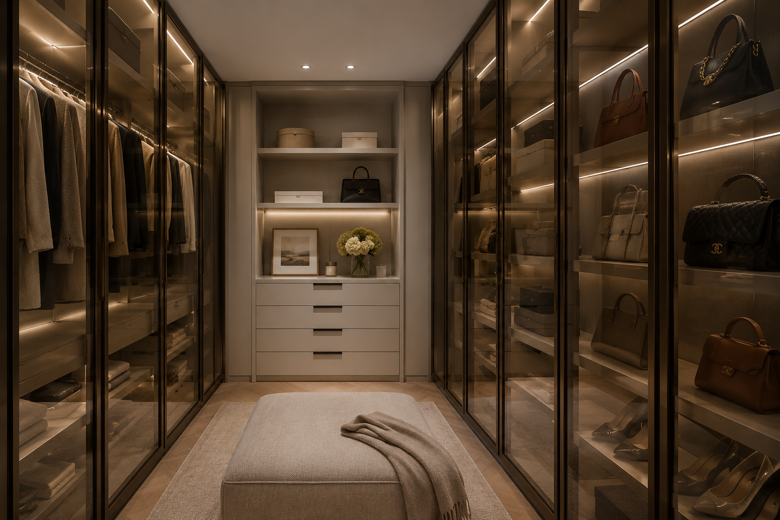Beautifully organized luxury wardrobe showcasing elegant home organization and interior styling