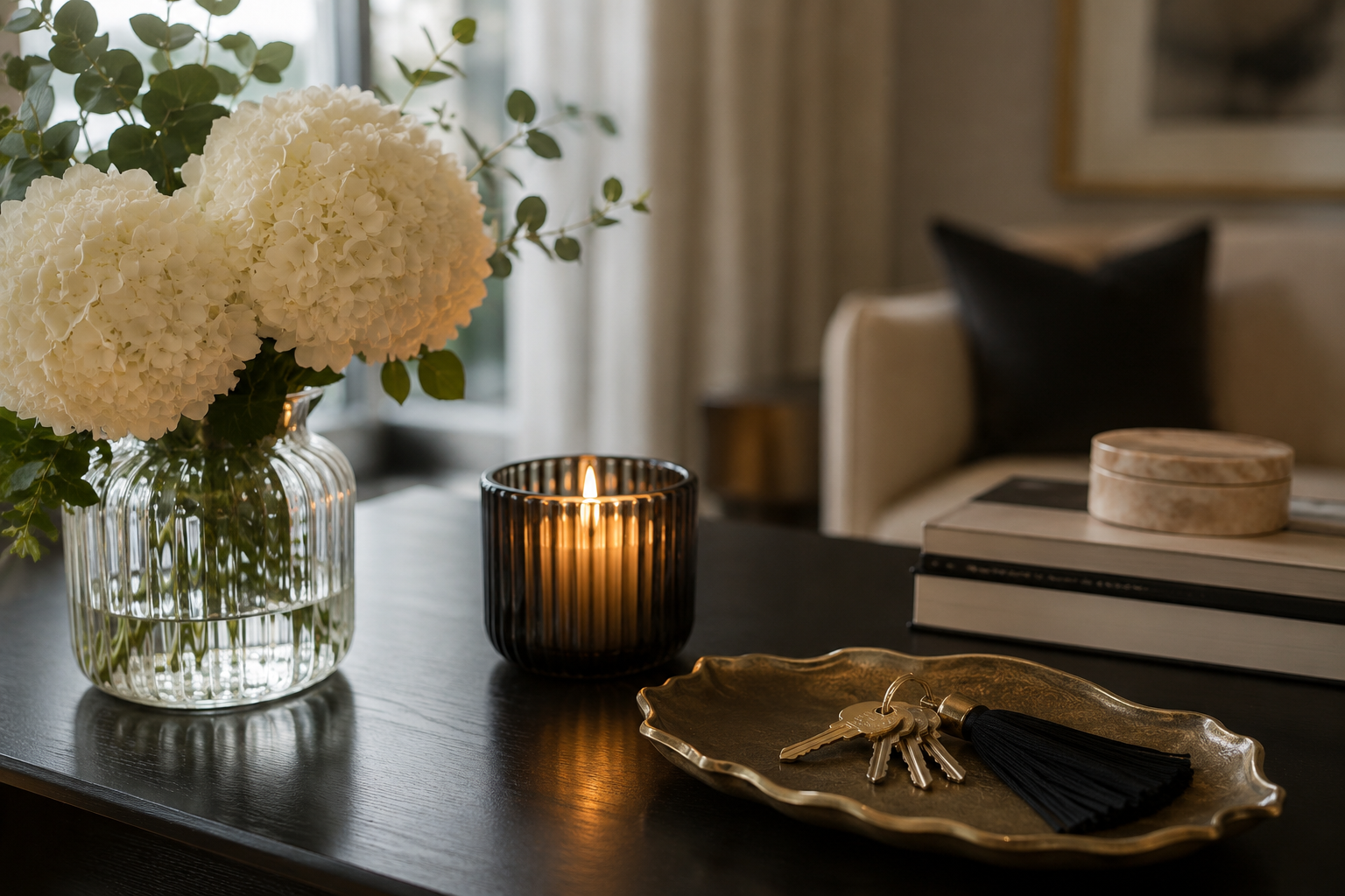 Elegant coffee table styling with fresh hydrangeas, candlelight, and refined decorative accents