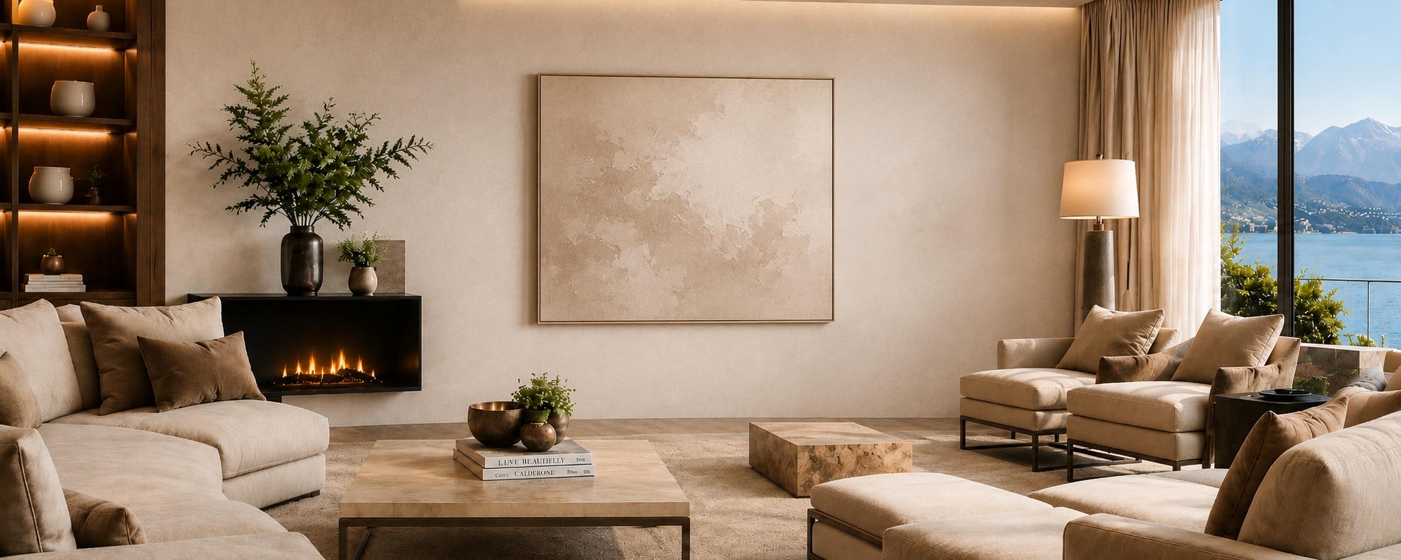Elegant luxury living room with warm neutral tones, refined furnishings, and panoramic mountain views