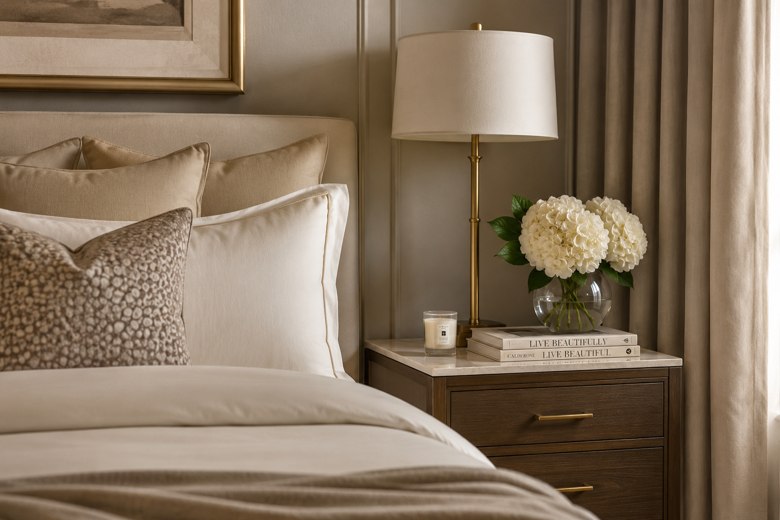 Elegant luxury bedroom with layered bedding, bedside styling, fresh flowers, and warm ambient lighting.