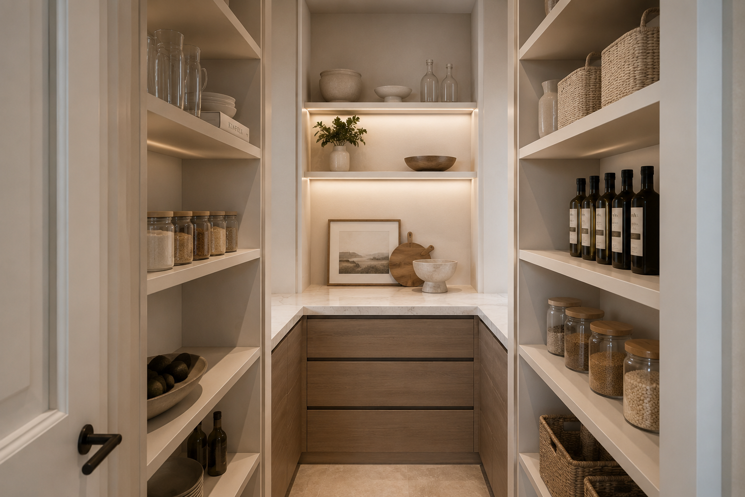 Elegant walk-in pantry with thoughtfully organized shelves and premium home storage