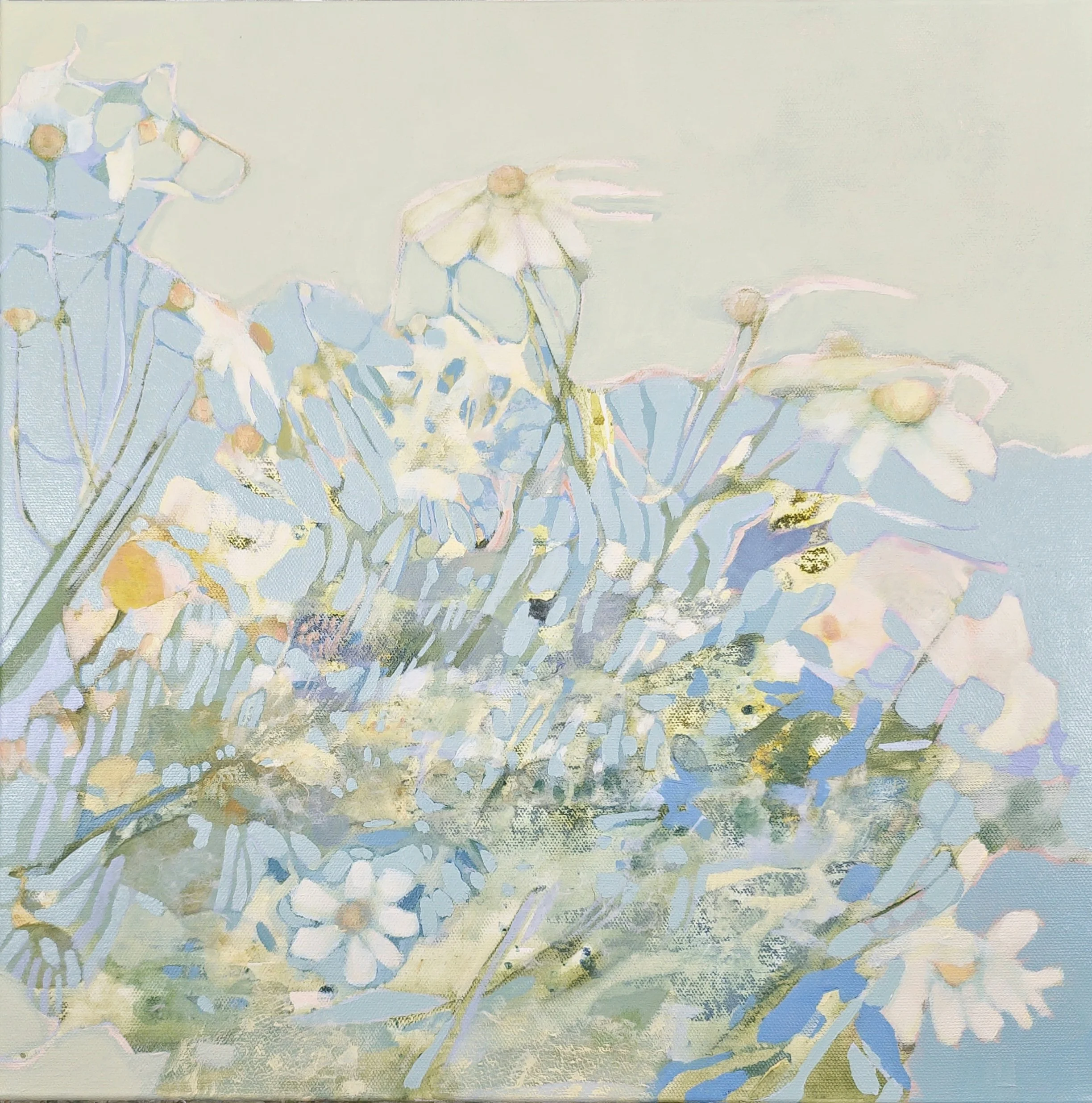 A painting of white daisies with yellow centers against a soft, pastel background with shades of light blue, green, and pink, featuring a textured canvas surface.