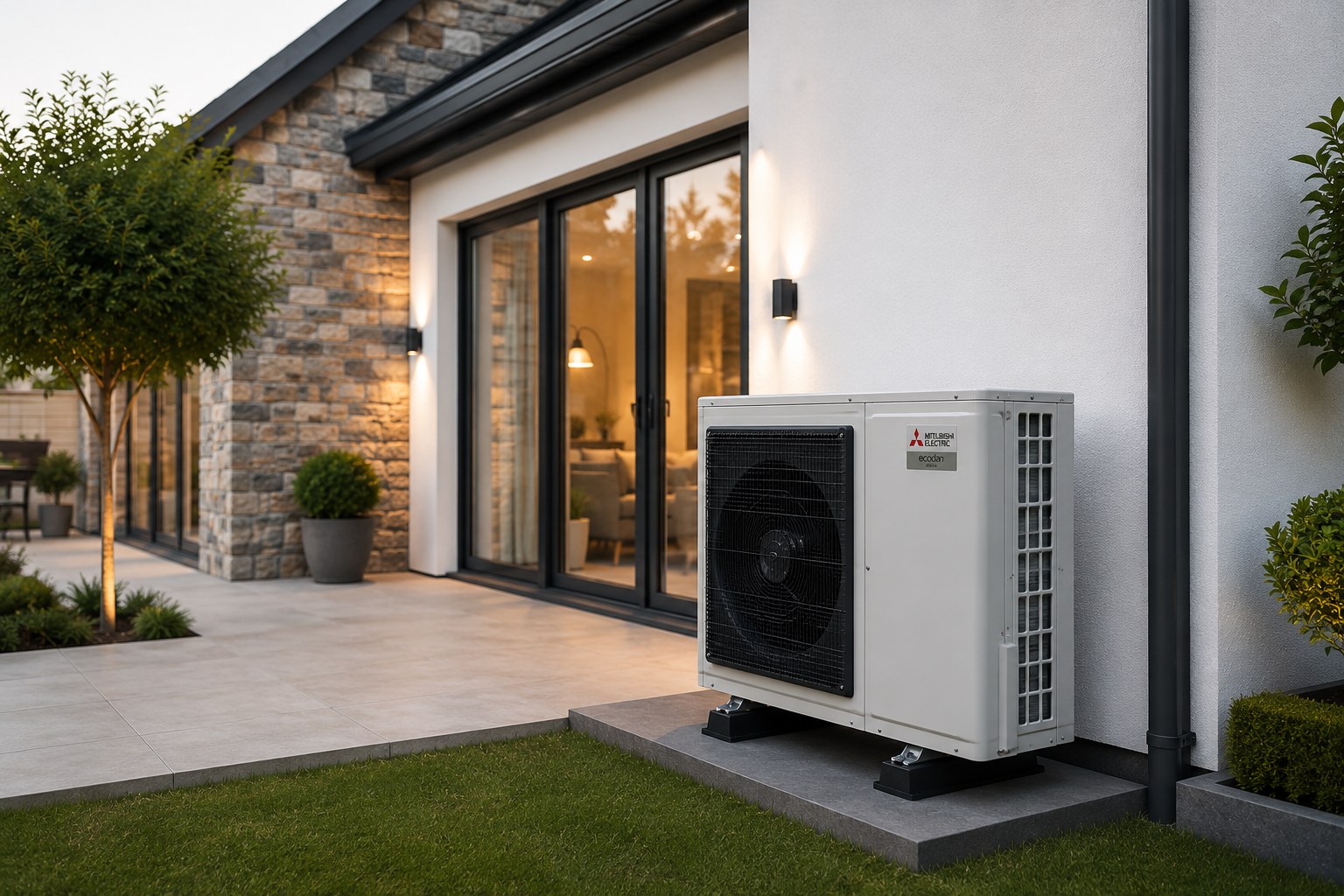 Exterior view of a modern house with a Mitsubishi Electric air source heat pump unit outside on a concrete pad, with a sliding glass door and a lit interior visible, surrounded by manicured grass and potted plants.