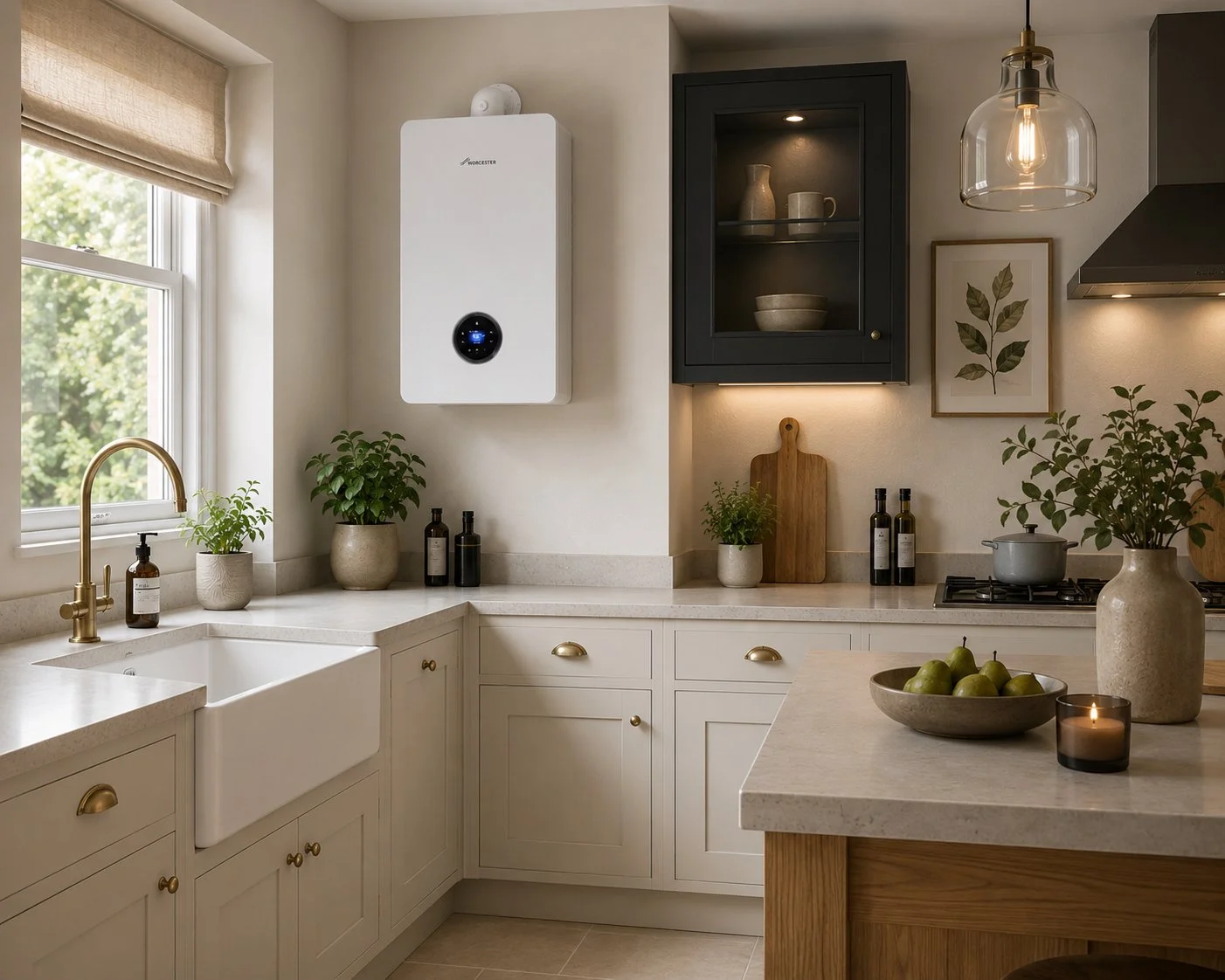 Modern kitchen with white cabinets, beige countertops, black upper cabinet, potted plants, wooden cutting board, bowl of green apples, and a gas powered boiler on the wall.
