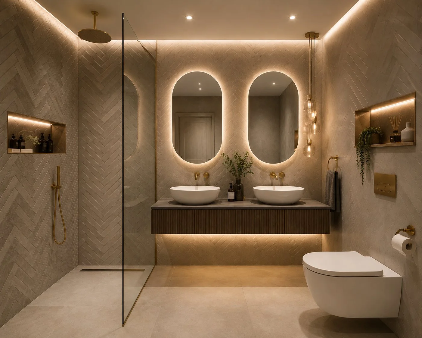 Modern bathroom with double vanity, large oval mirrors backlit with LED lights, floating lavabo with plants and bottles, walk-in shower with gold fixtures, wall-mounted toilet, shelves with decorations, earthy tones, minimalist design.