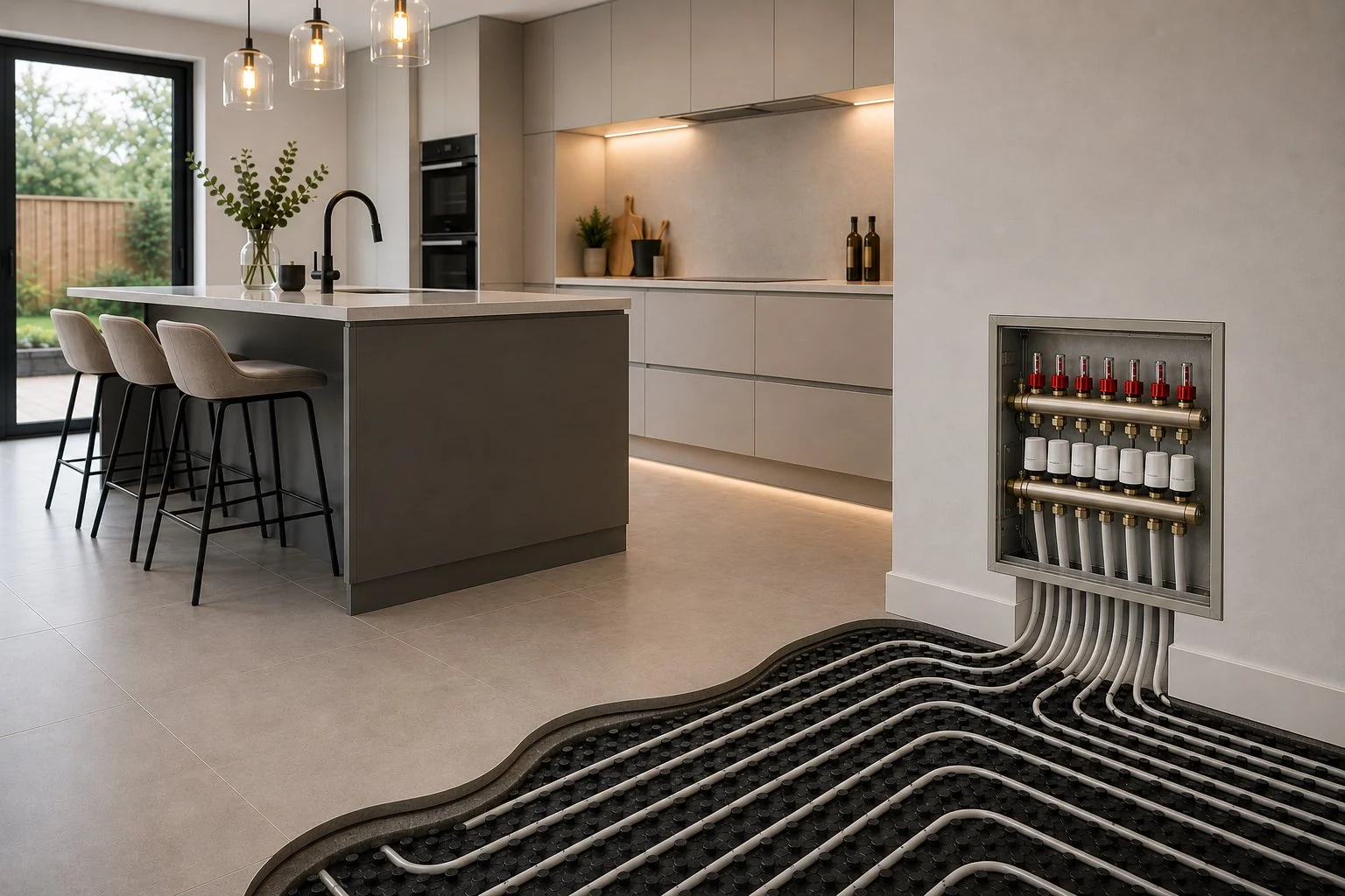 Modern kitchen with a large island, beige cabinets, pendant lighting, and underfloor heating system with pipes and a manifold box on the wall.