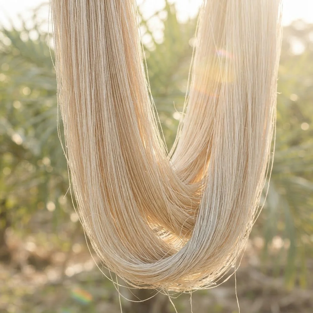 Editorial nature photography of long vertical strands of raw golden Buriti palm fiber hanging to dry naturally under warm tropical sunlight and sun flares.
