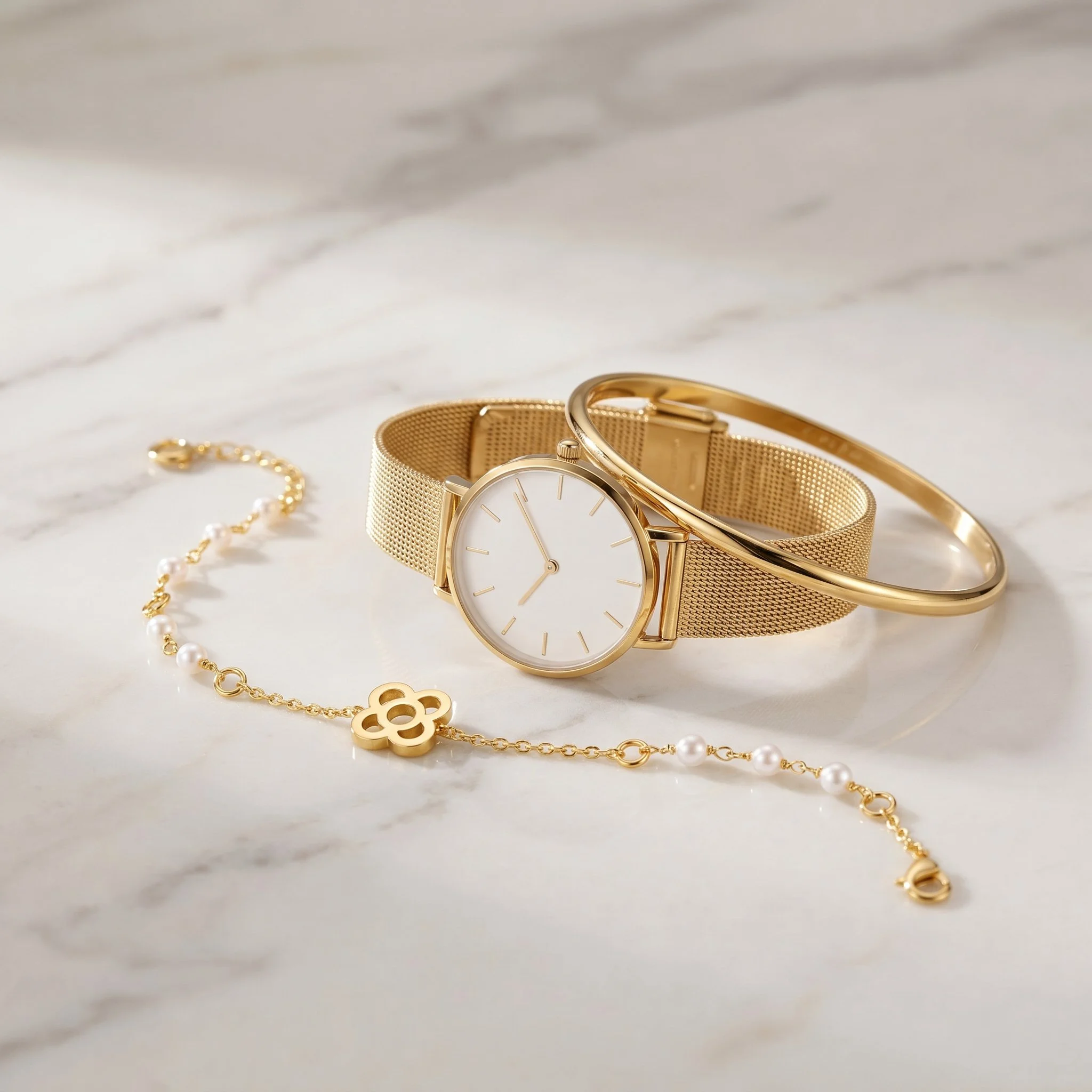 Sterling silver barcelona flower with six pearls bracelet (Gold plated)2.jpg
