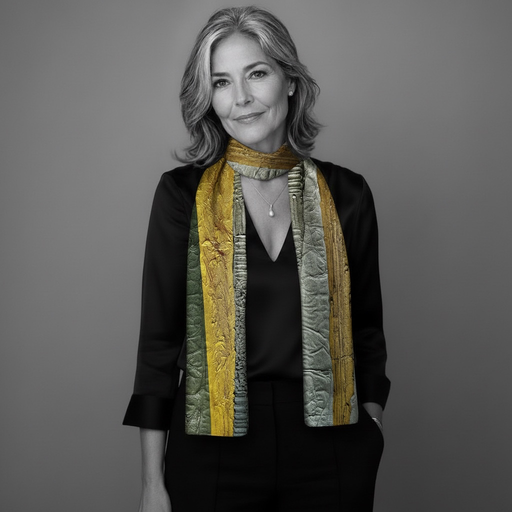 model wearing luxury antique gold & silver grey silk scarf by adrienne gilliver
