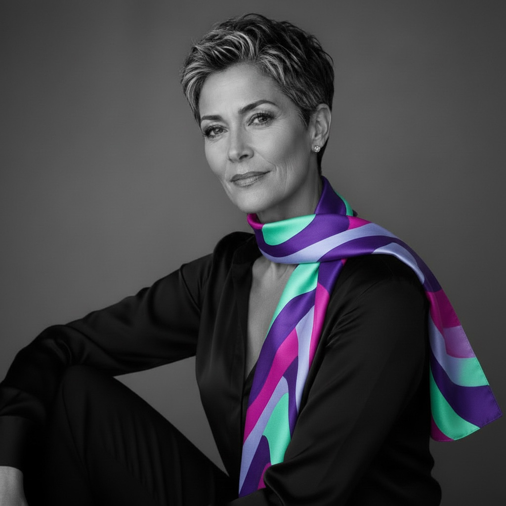 model wearing purple & turquoise silk scarf from original artwork by adrienne gilliver