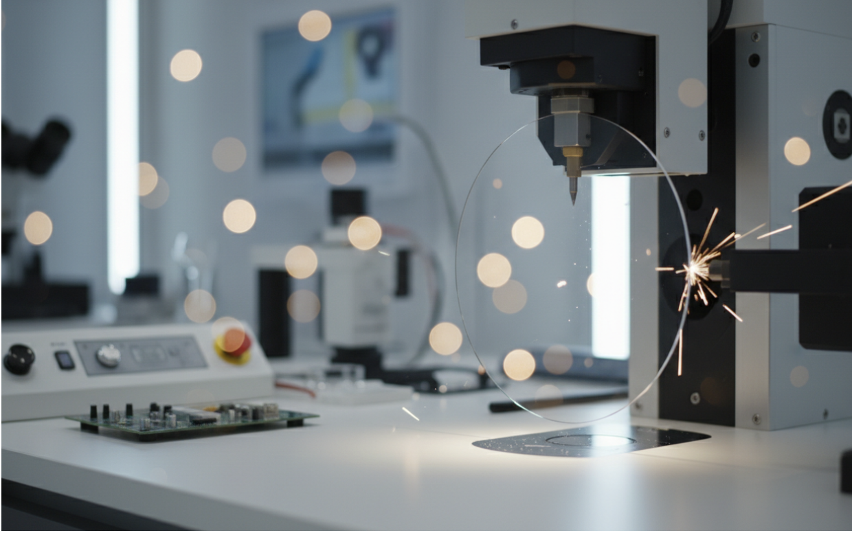 A laboratory setup with a machine performing laser cutting or engraving on a circular metal ring, sparks flying from the process, and scientific equipment visible in the background.