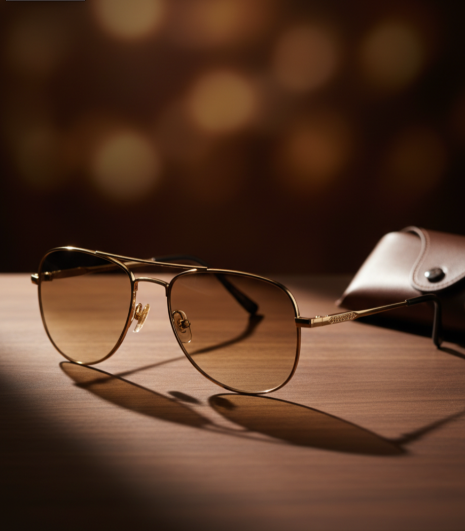 Gold sunglasses with brown lenses on a wooden surface, next to a small silver case with a button closure, with a blurred brown bokeh background.