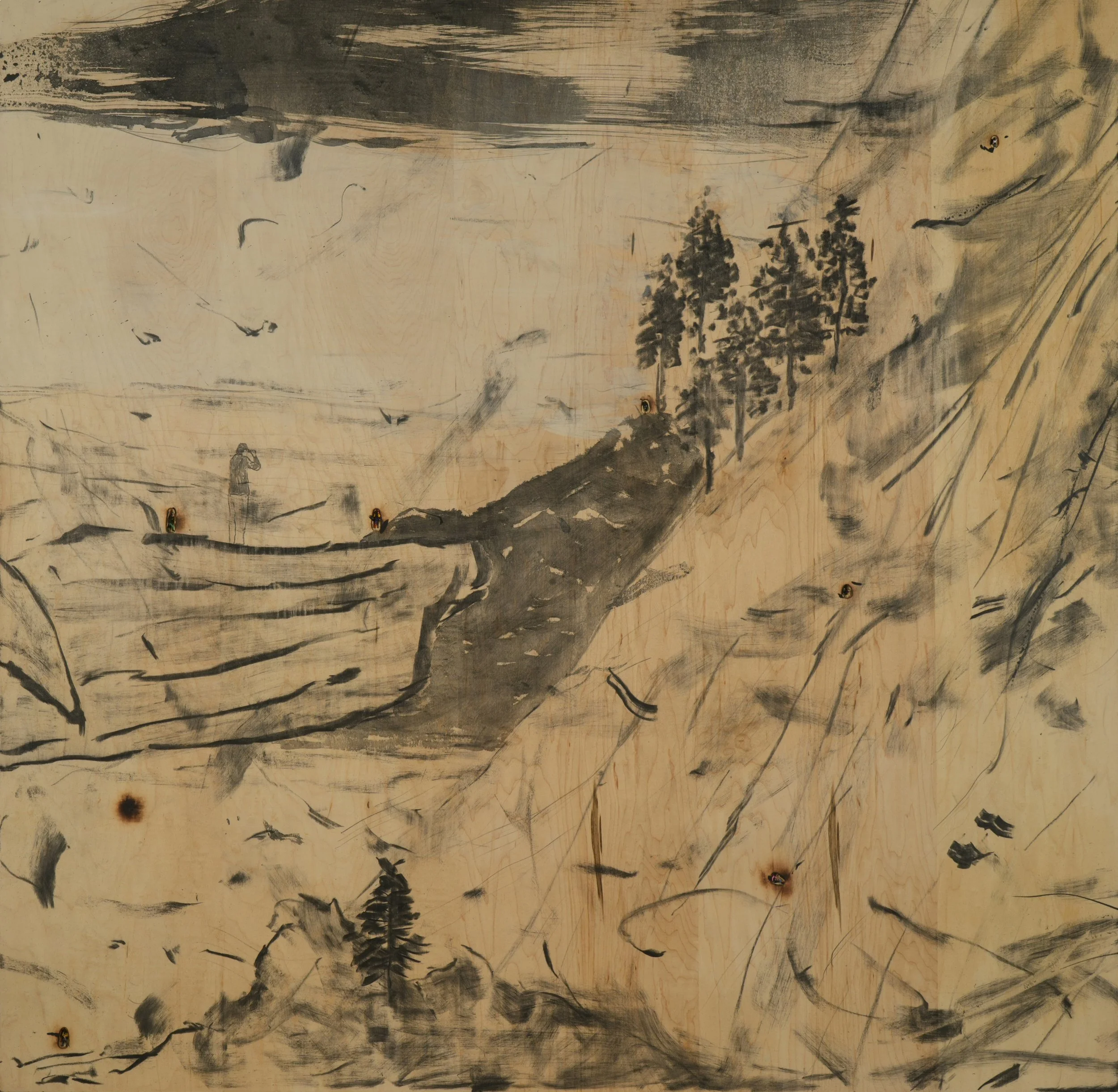 Detail: Dwelling in Fuchun Mountains (Rebuild)《富春山居圖再造》(2025) | Charcoal and ink on plywood | H 358cm x 734.5cm in 18 panels 