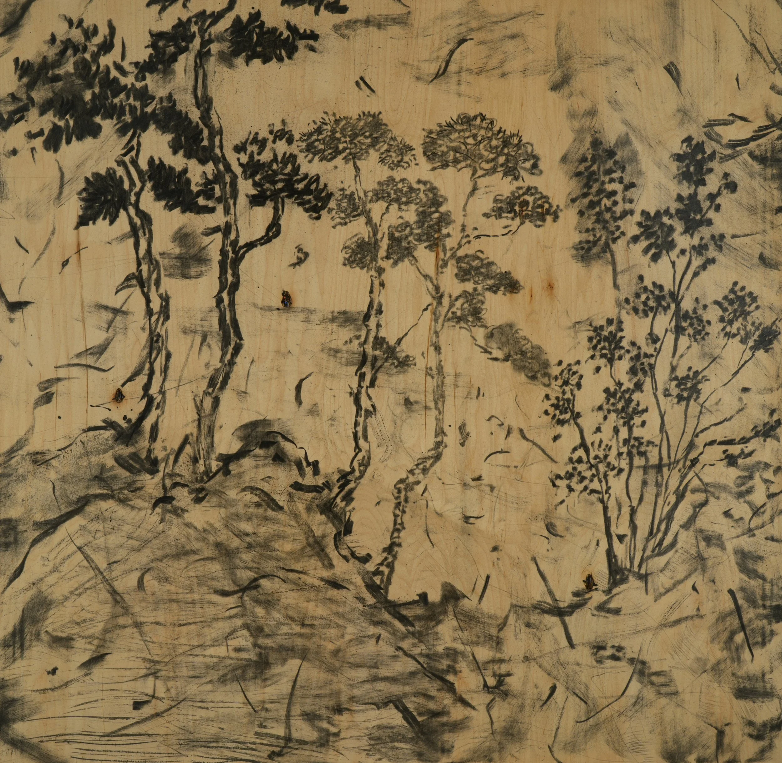 Detail: Dwelling in Fuchun Mountains (Rebuild)《富春山居圖再造》(2025) | Charcoal and ink on plywood | H 358cm x 734.5cm in 18 panels 