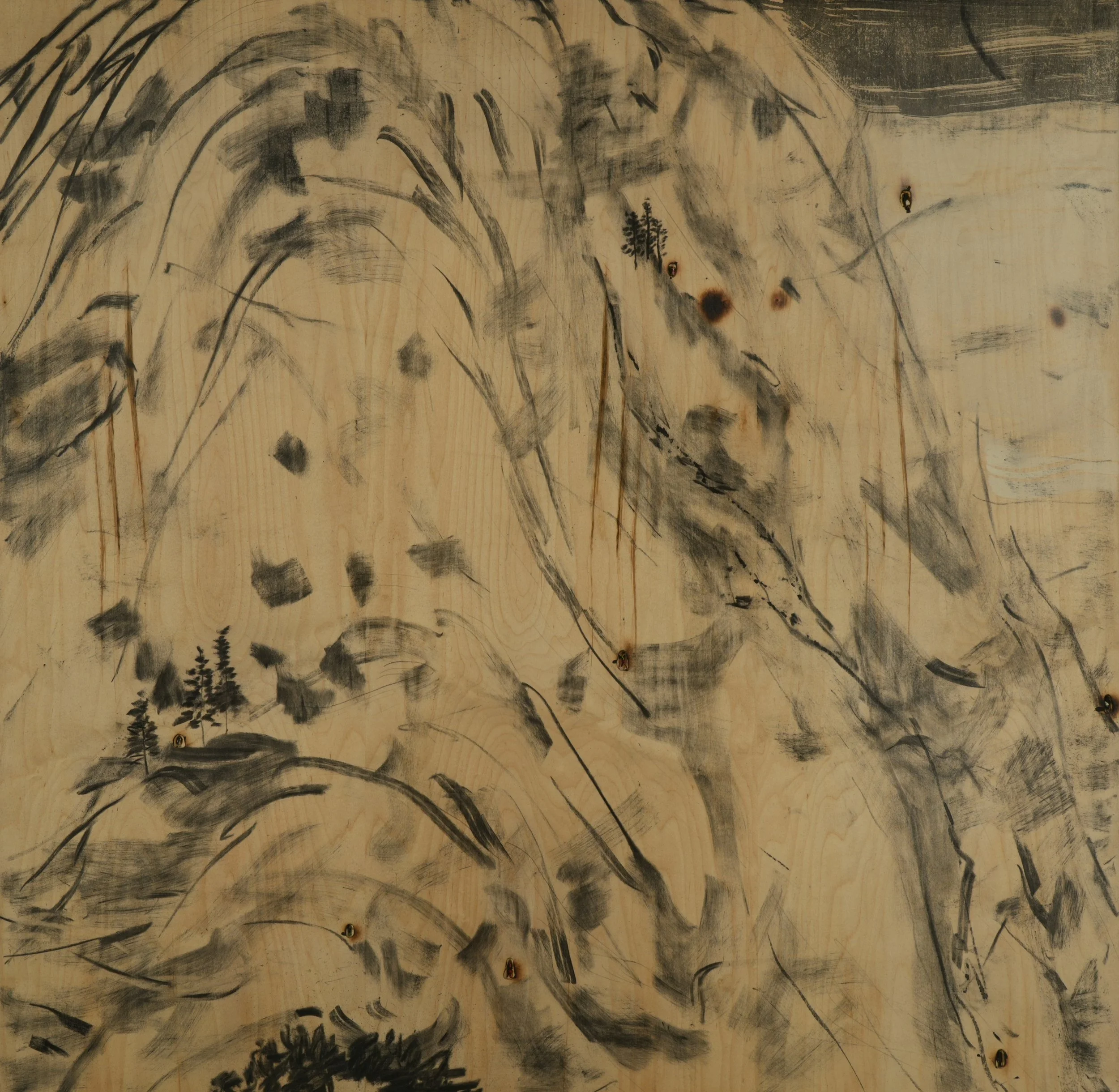Detail: Dwelling in Fuchun Mountains (Rebuild)《富春山居圖再造》(2025) | Charcoal and ink on plywood | H 358cm x 734.5cm in 18 panels 