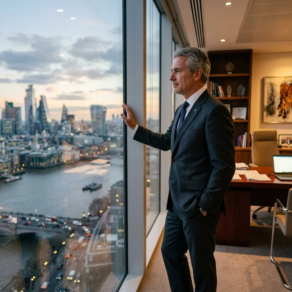 A businessman in a suit standing in an office, looking out the window at a city skyline during sunset.