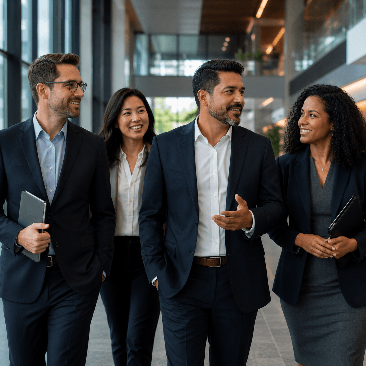 Group of five business professionals walking and talking in an office building lobby.