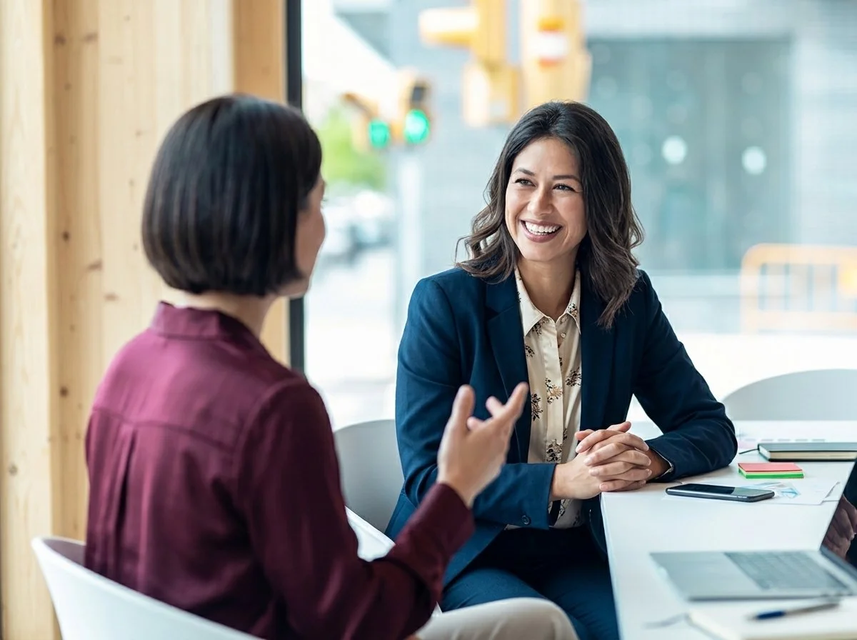 Two women having a conversation at a table in a bright room, smiling and engaging with each other.