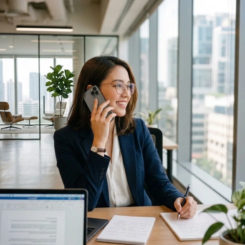 A woman in a navy blazer and glasses sitting at a desk in a modern office, talking on her phone and writing notes, with large windows and cityscape view behind her.