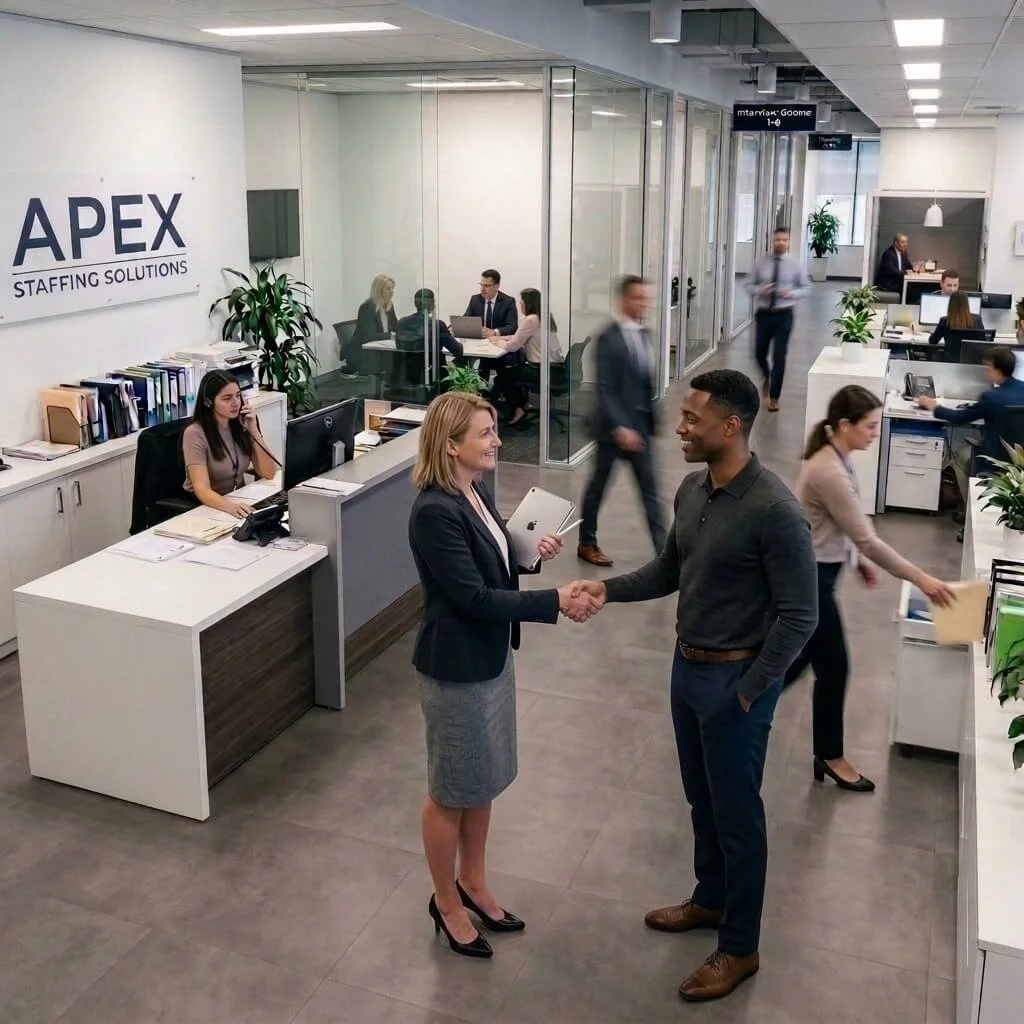 Two business professionals, a woman and a man, shake hands in a modern office reception area, with several employees working at desks in the background.