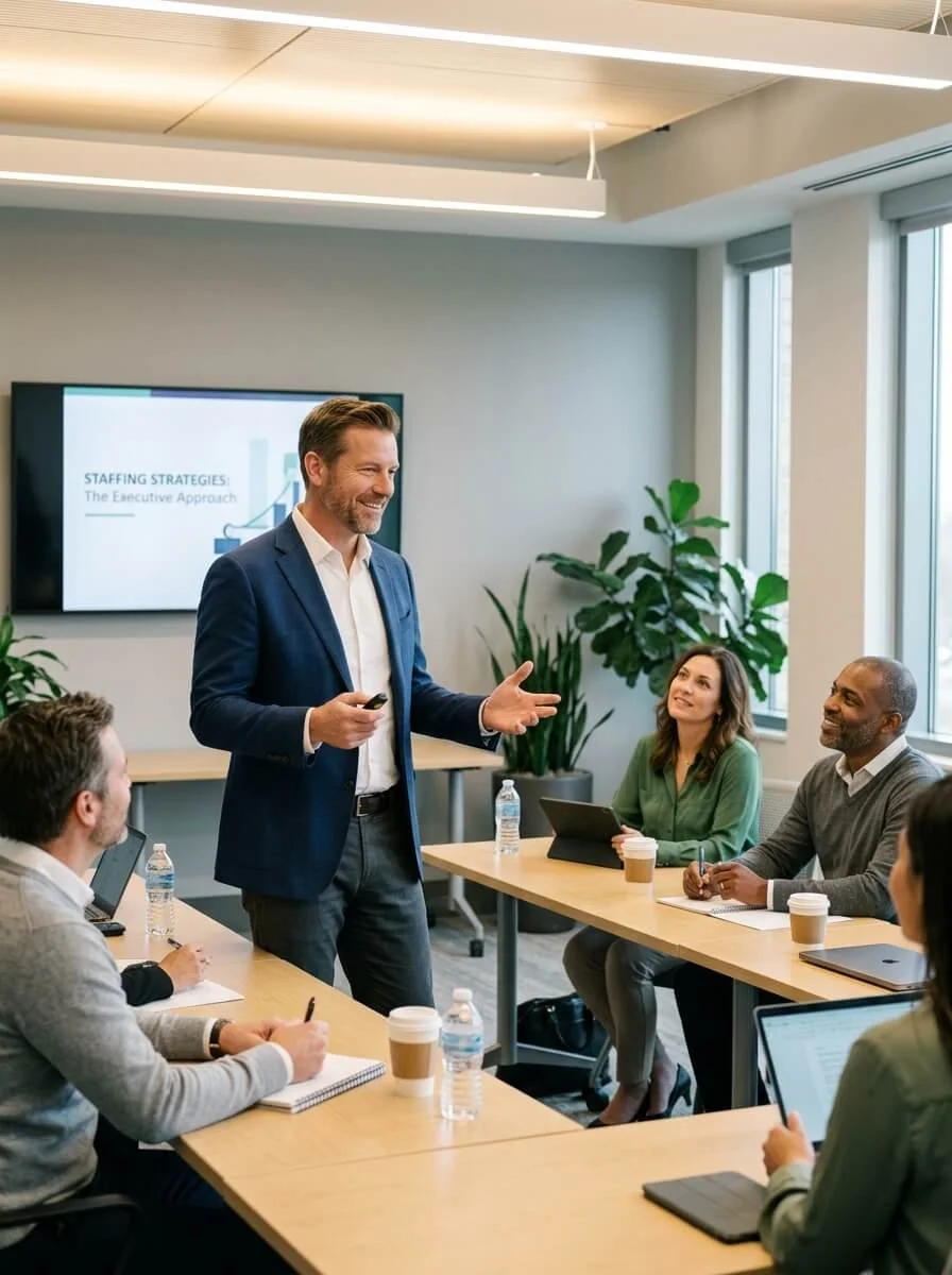 Man in a suit giving a presentation to a group of people in a conference room with large windows and potted plants.