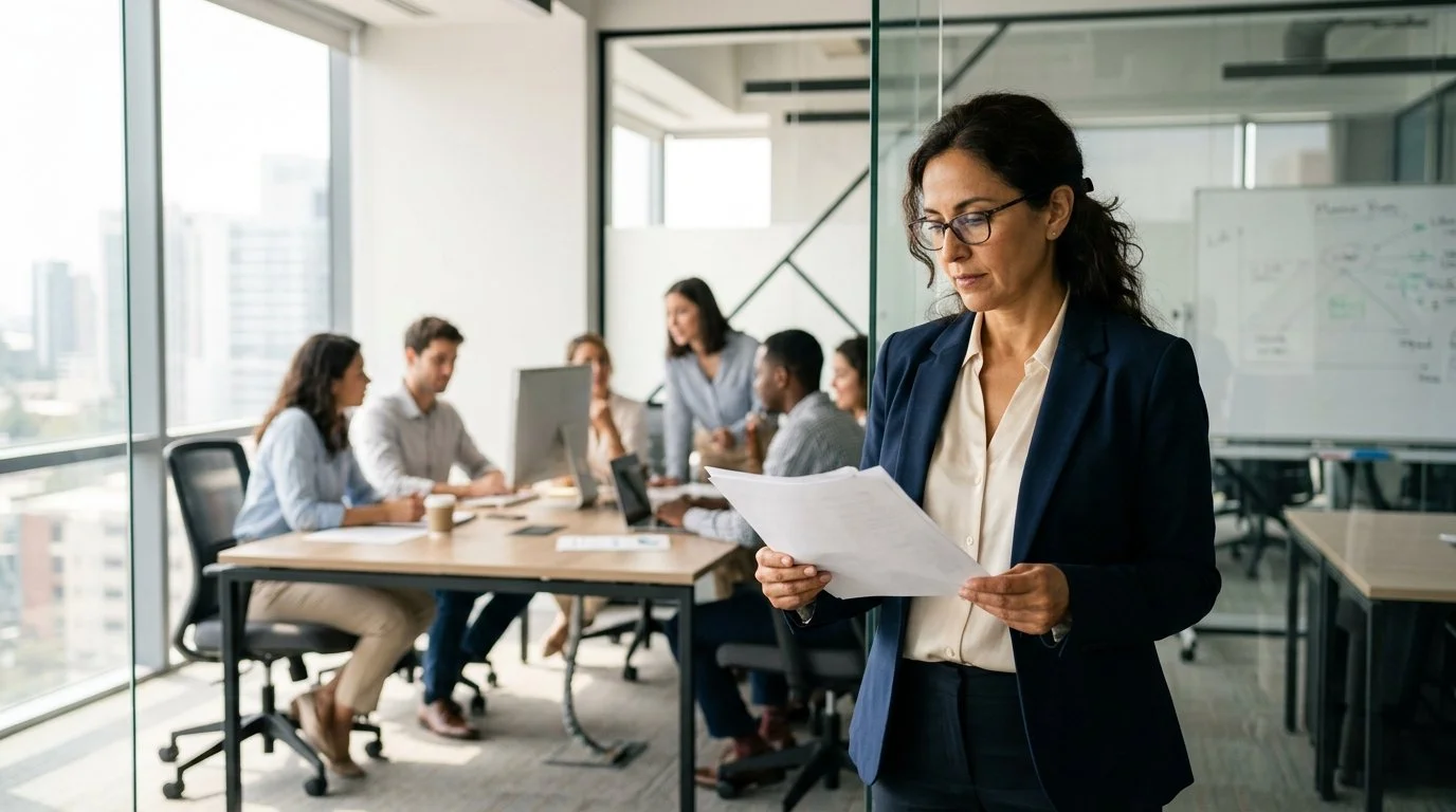 Businesswoman holding papers in a conference room with colleagues sitting at the table, discussing.