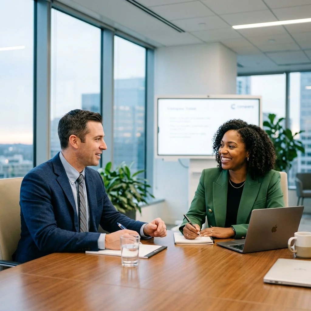 Two professionals, a man and a woman, sitting at a conference table in a modern office, engaging in a discussion. The woman is smiling and taking notes, with a laptop and coffee mug in front of her. The man is speaking, with a notepad and a glass of water on the table. Large windows with a city view are in the background.