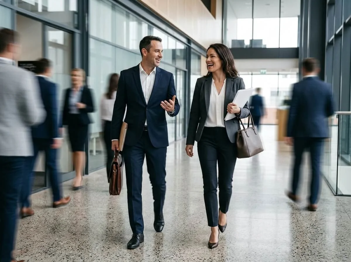 Two business professionals, a man and a woman, walking and talking in a modern office lobby, smiling and holding folders and a tablet.