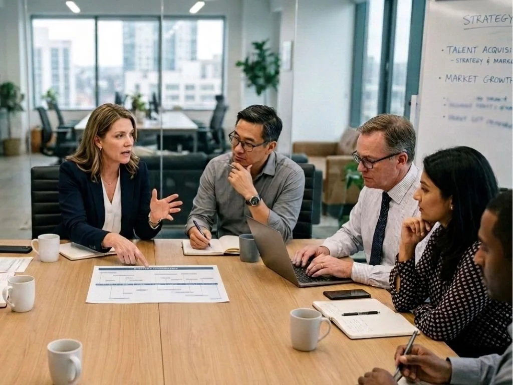 A group of five professionals sitting around a conference table in a modern office, engaged in a discussion with documents, laptops, and notebooks in front of them.