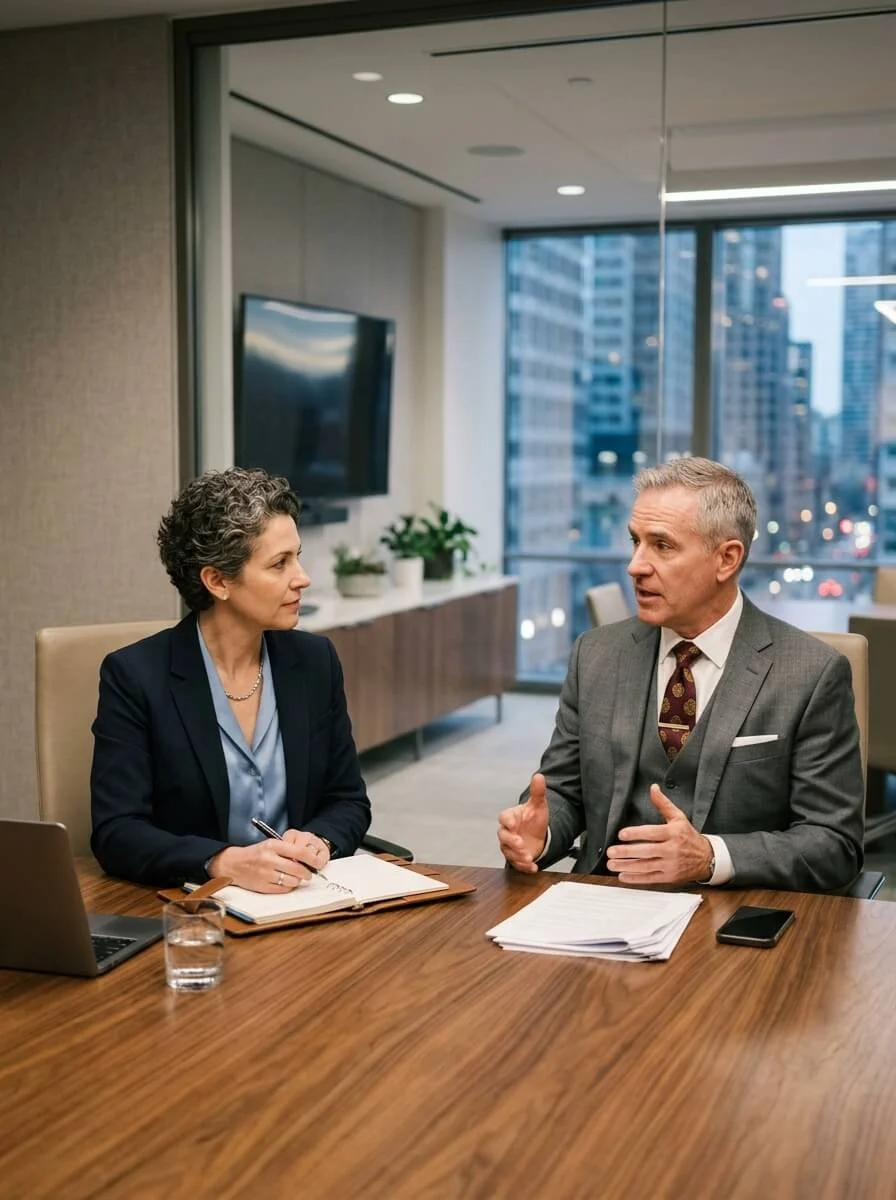 Two professionals, a woman and a man, engaged in a discussion at a table in a modern office with city views.