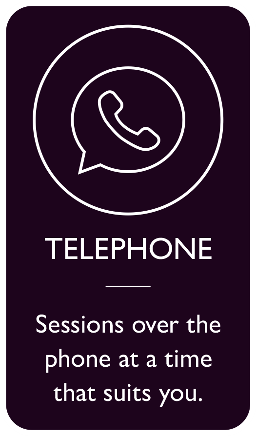 Icon of a telephone inside a speech bubble, with the word "Telephone" below, and a subtitle that reads "Sessions over the phone at a time that suits you."
