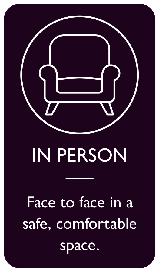 In person visitation policy sign with a chair icon, indicating face-to-face meetings in a safe, comfortable space.