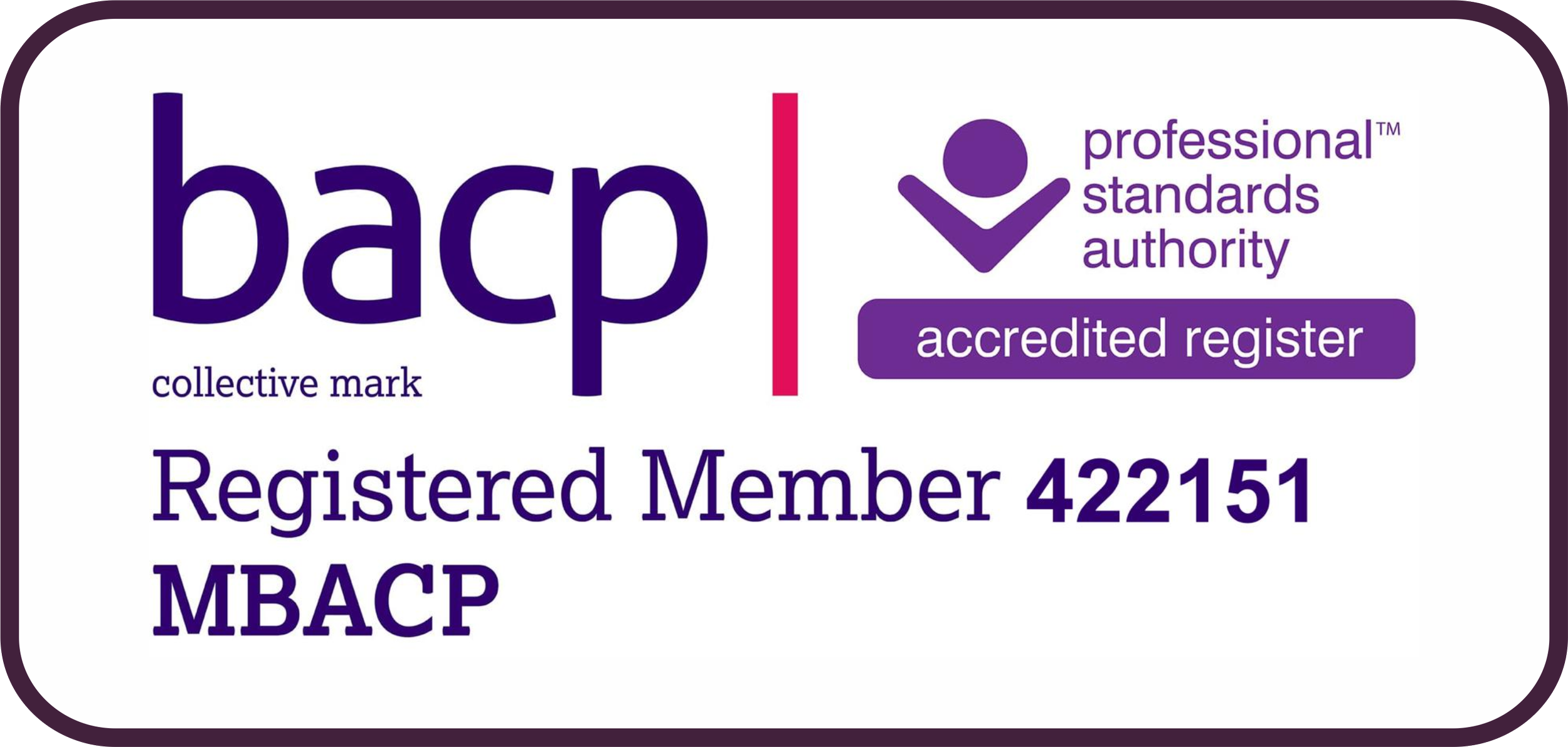 A membership badge with the text 'bacp' in large purple letters, a purple icon, and the text 'professional standards authority' and 'accredited register'. Below, it reads 'Registered Member 422151' and 'MBACP' in purple.