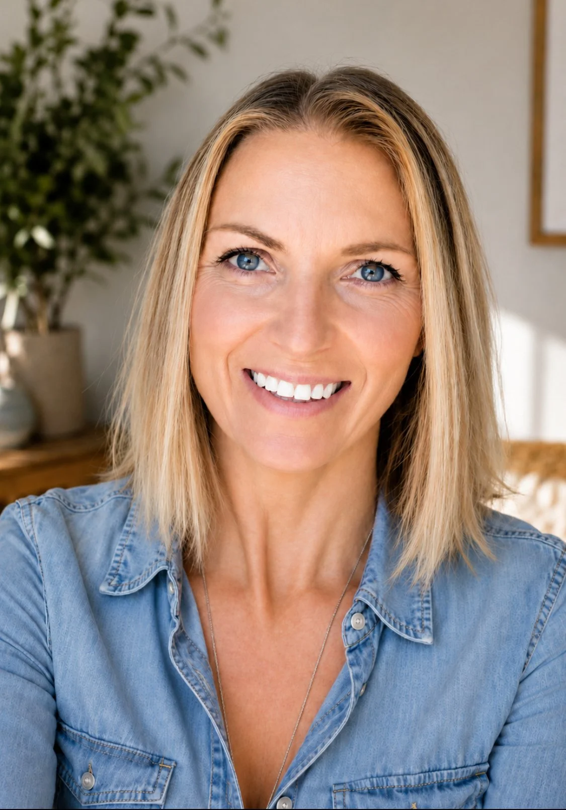 Close-up of a smiling female therapist with blonde hair and blue eyes, wearing a denim shirt, indoors with a plant and picture frame in the background.
