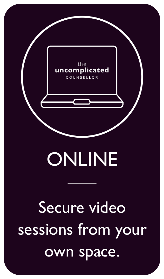 Icon of a laptop with text "the uncomplicated counselor" and the words "ONLINE" and "Secure video sessions from your own space."