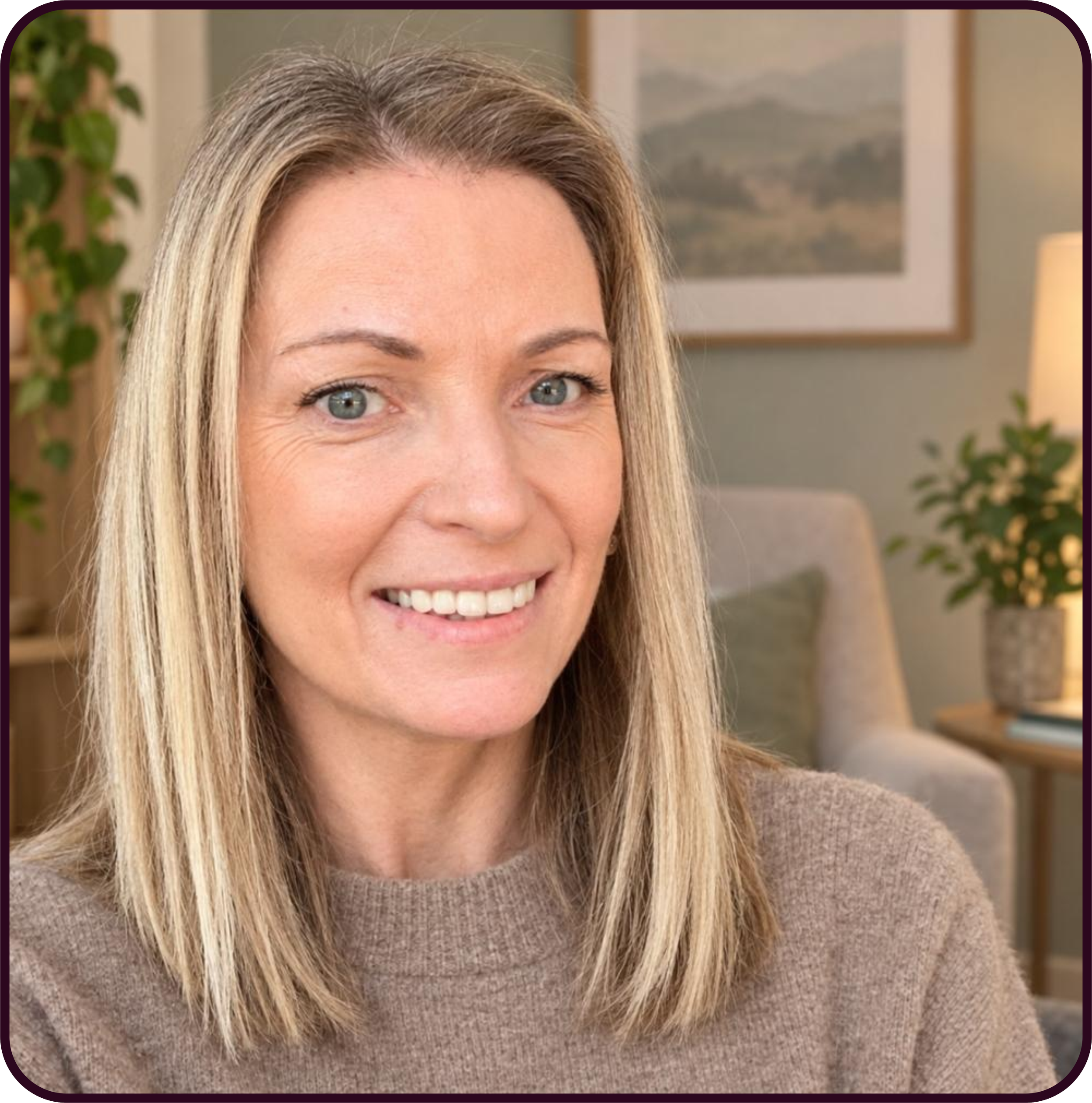 Close-up of a smiling female therapist with blonde hair, blue eyes, wearing a beige sweater, in a room with plants and framed artwork in the background.