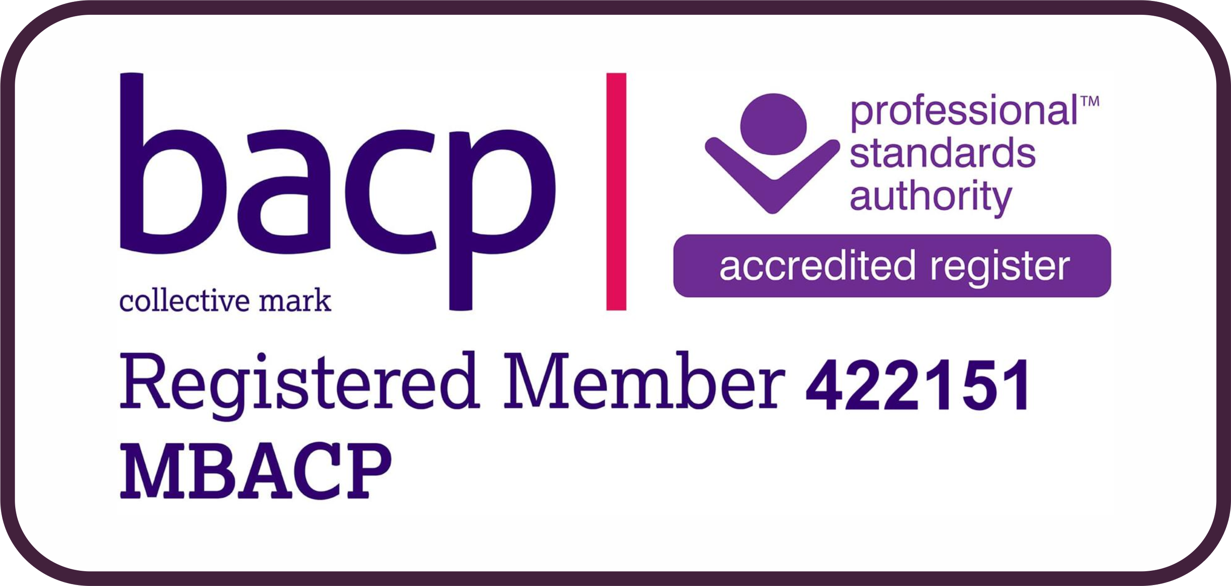 A badge with the BAC accreditation logo, the words 'collective mark,' 'professional standards authority,' and 'accredited register,' along with the text 'Registered Member 422151 MBACP' in purple.