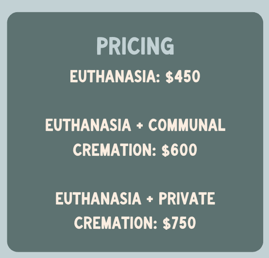 Pricing menu listing options for euthanasia services at $450, euthanasia with communal cremation at $600, and euthanasia with private cremation at $750 in Greater Orlando, FL
