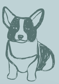Cartoon drawing of a dog with a white stripe on its forehead sitting on a light blue background.