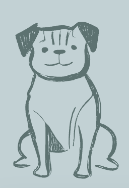 Line drawing of a sitting dog with floppy ears and a collar on a light background.