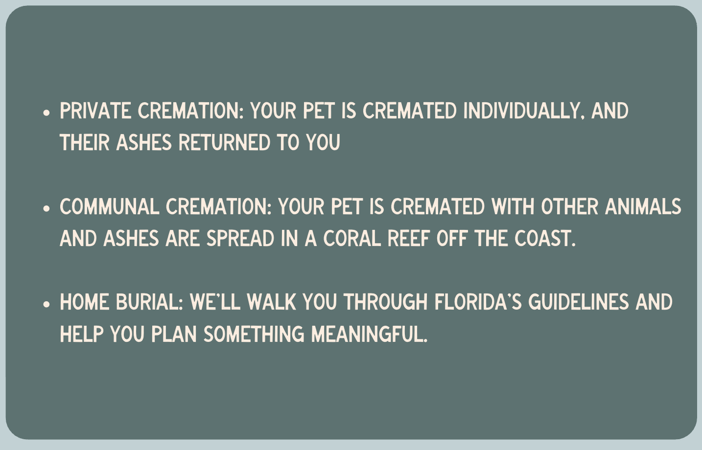 Private cremation, communal cremation, and home burial options explained — Neighbors Veterinary Services in-home pet euthanasia in Greater Orlando, FL