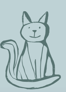 A simple line drawing of a cat with a smiling face, sitting with its tail curled around its body.