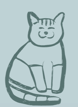 Simple sketch of a sitting cat with a smiling face, stripes on its head and tail.
