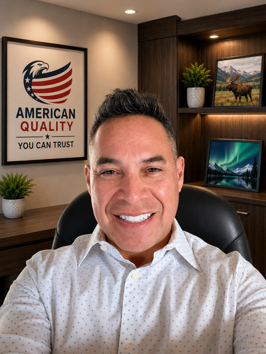 A man smiling in an office with wooden shelves, framed art of mountains and the Northern Lights, a potted plant, and a sign that reads 'American Quality, You Can Trust'.