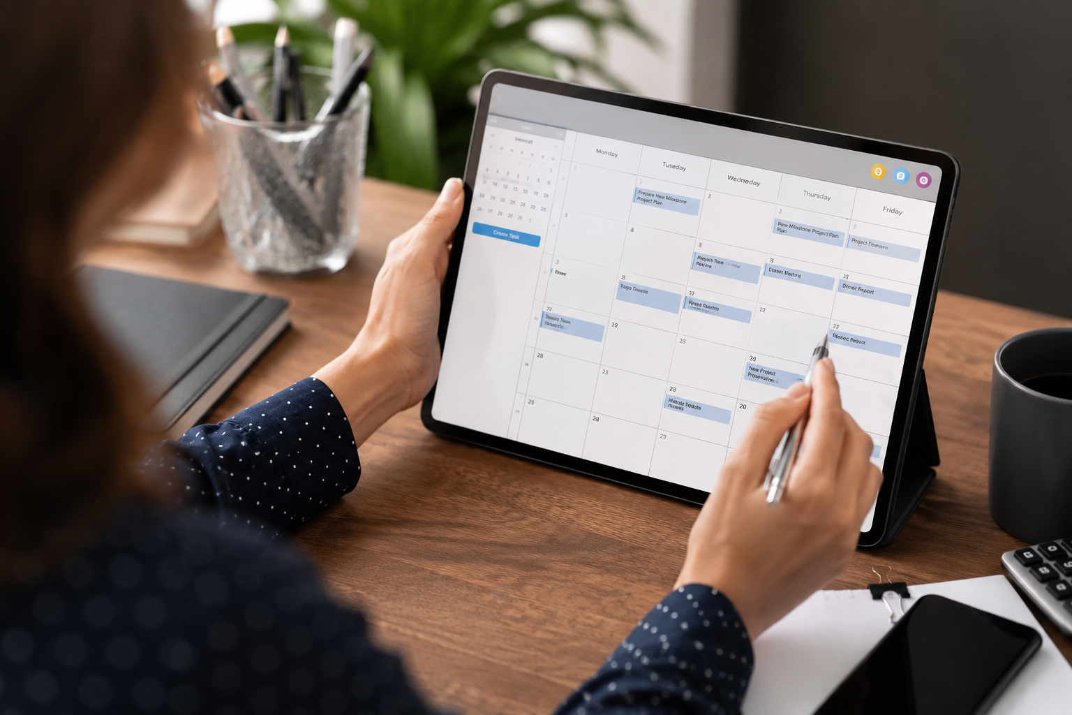 A person using a tablet to view and edit a digital calendar or planner on a desk with a pen in hand.